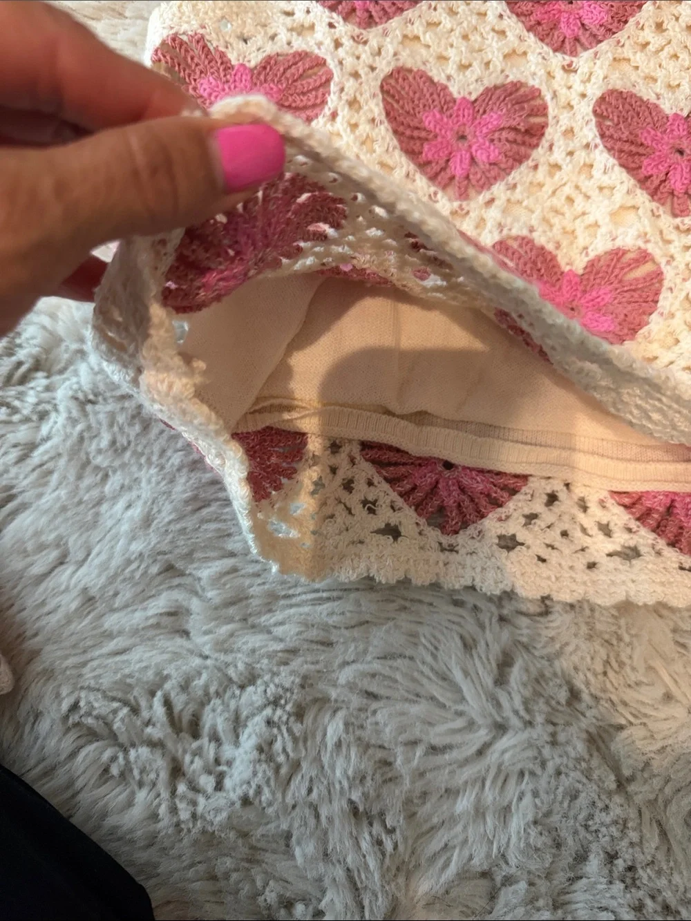 Zara Cream Crochet Nightgown Set with Pink Heart Pattern
